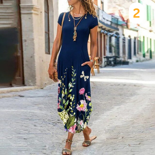 Caroline Robe Maxi Femme – Coton & Lin, Coupe Fluide et Motif Intemporel