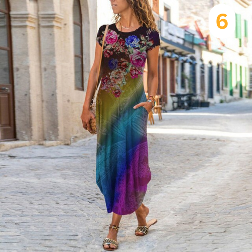Caroline Robe Maxi Femme – Coton & Lin, Coupe Fluide et Motif Intemporel