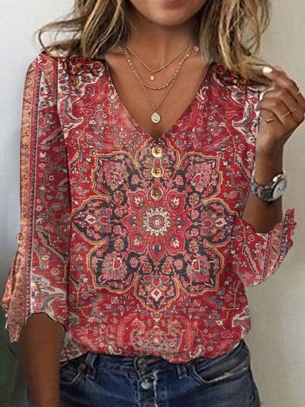 Brianna Blouse Bohème Femme – Blouse Rouge Rubis avec Imprimé Oriental & Style Boho Authentique
