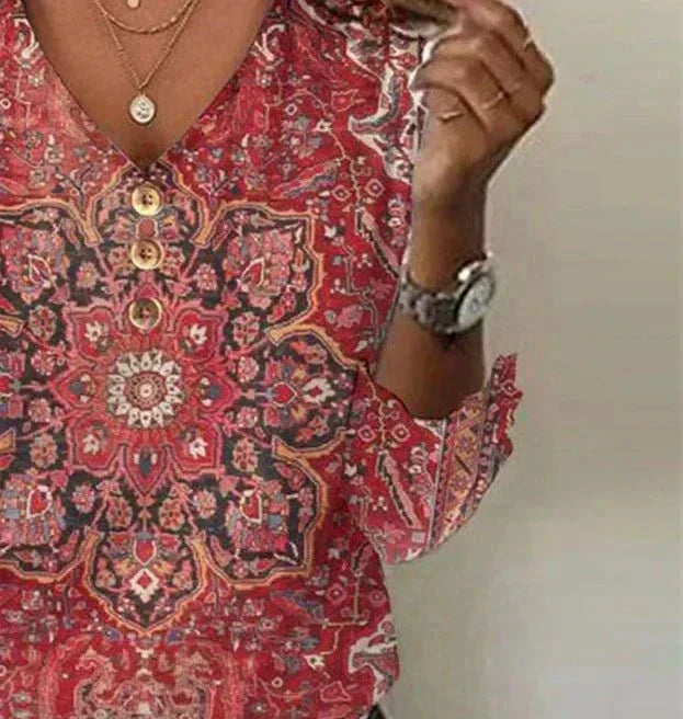 Brianna Blouse Bohème Femme – Blouse Rouge Rubis avec Imprimé Oriental & Style Boho Authentique