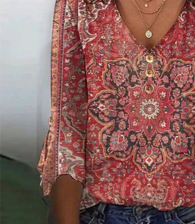 Brianna Blouse Bohème Femme – Blouse Rouge Rubis avec Imprimé Oriental & Style Boho Authentique