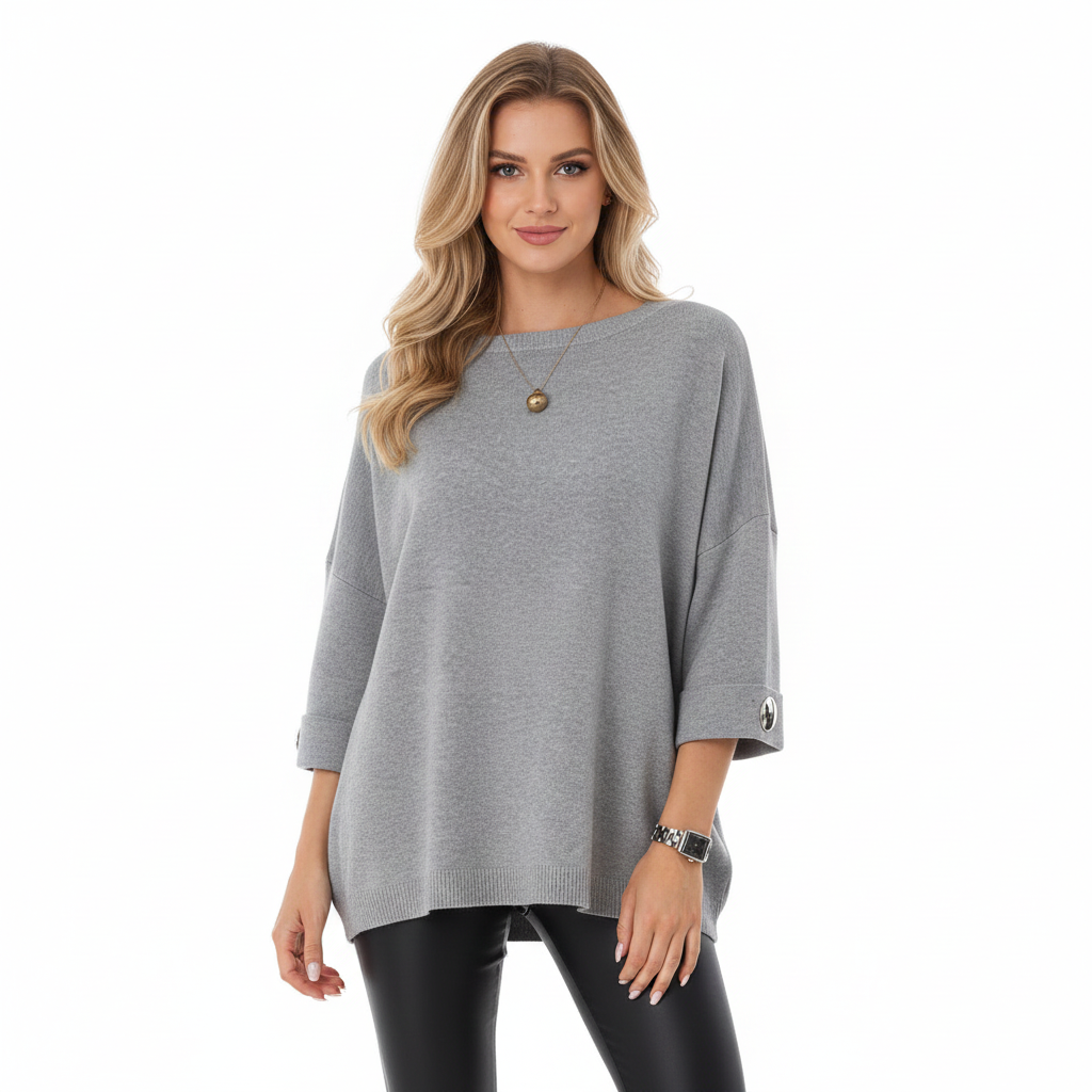 Claudy Pull Oversize Mujer – Tejido Suave con Botones Dorados y Corte Elegante