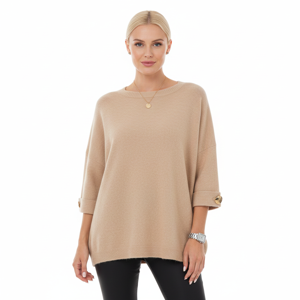 Claudy Pull Oversize Mujer – Tejido Suave con Botones Dorados y Corte Elegante