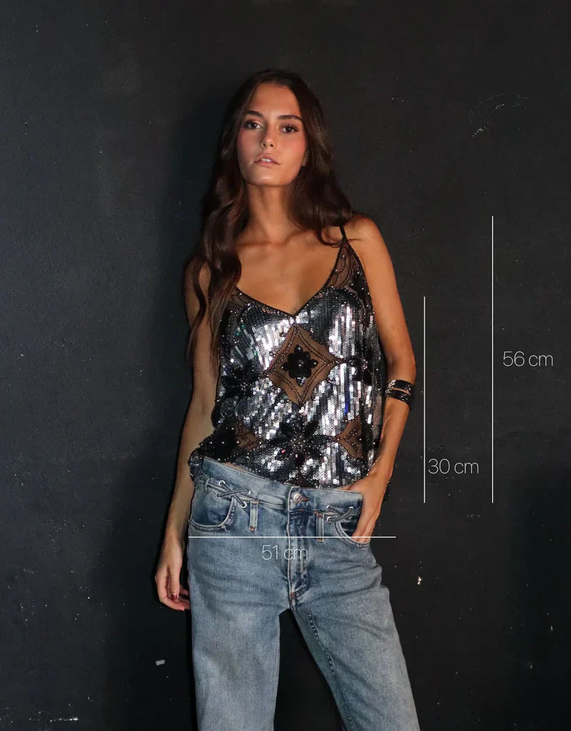 Diana Haut Femme – Élégant Design Floral Semi-Transparent avec Paillettes et Col en V