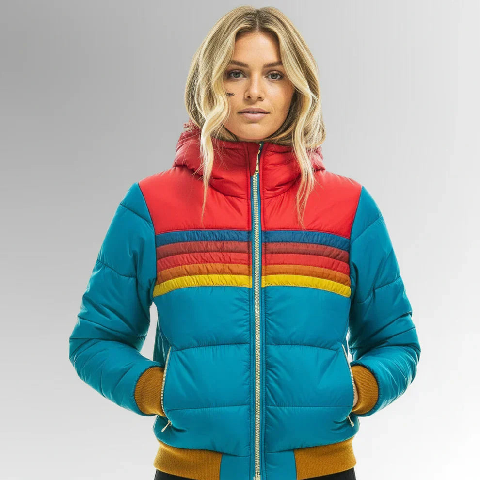 Scarlett Retro Women's Down Jacket – Multicolored Winter Coat with Hood and Zipper Closure