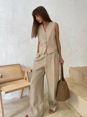 Freya Linen Set Women – Summer Coordinated Outfit with Sleeveless Vest & Wide-Leg Pants in Natural Style