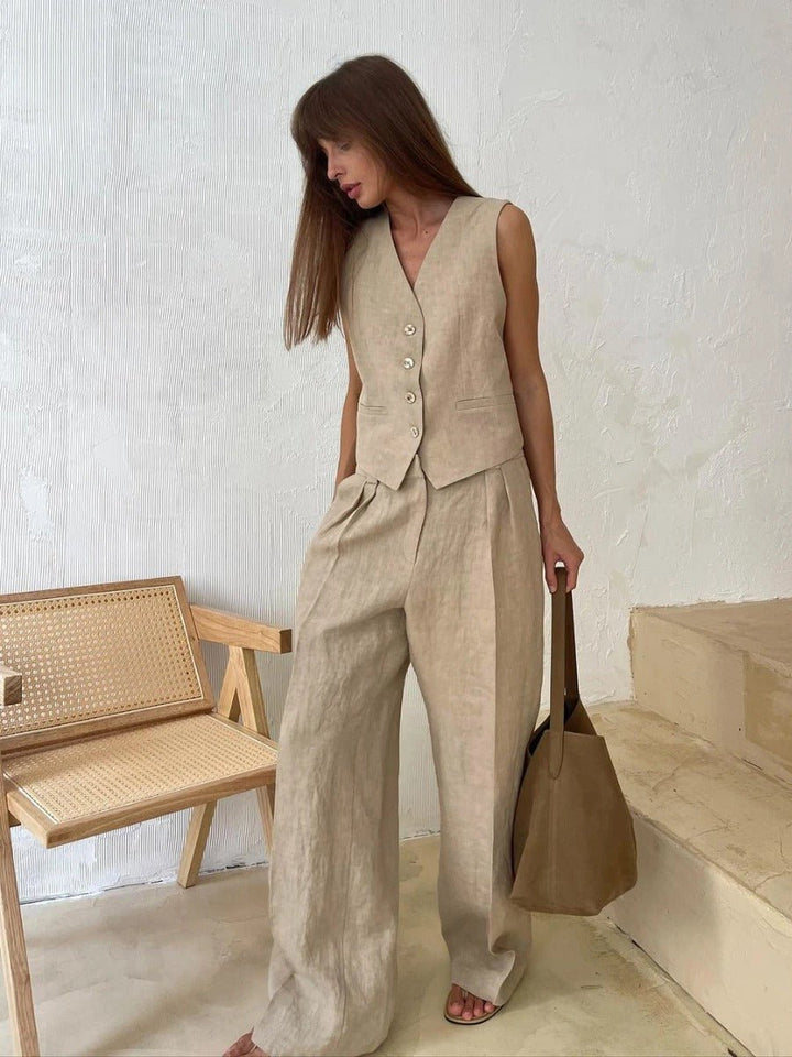 Freya Ensemble en Lin Femme – Coordonné Estival avec Gilet Sans Manches & Pantalon Large au Style Naturel