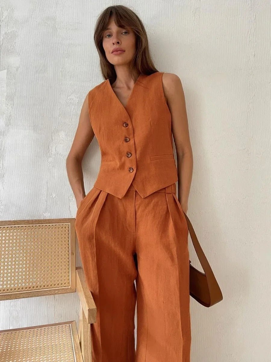 Freya Ensemble en Lin Femme – Coordonné Estival avec Gilet Sans Manches & Pantalon Large au Style Naturel