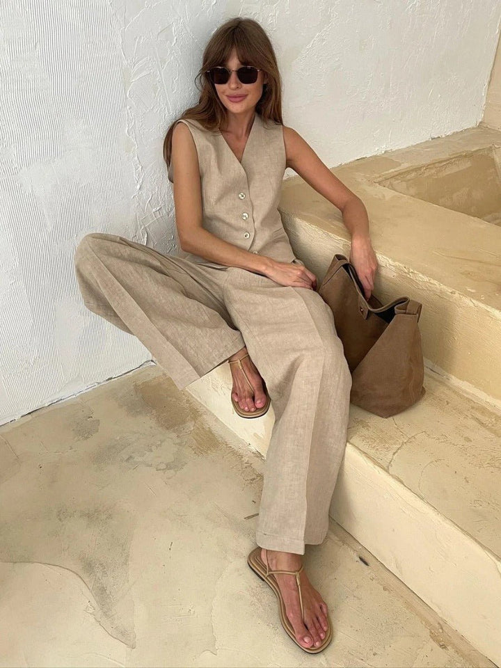 Freya Ensemble en Lin Femme – Coordonné Estival avec Gilet Sans Manches & Pantalon Large au Style Naturel