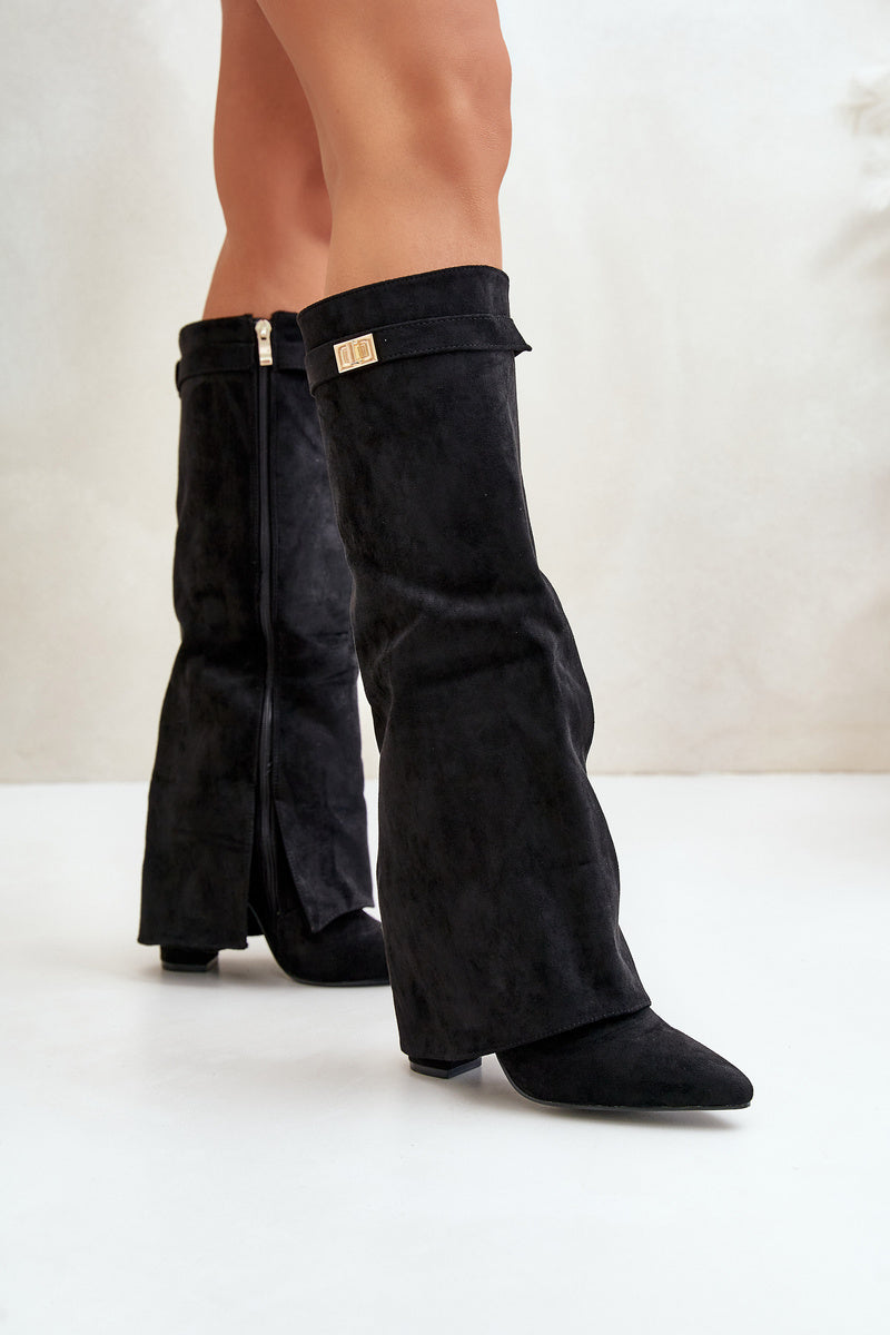 Amélie High Boots – Black Suede Boots with Pointed Toe & Elegant Details
