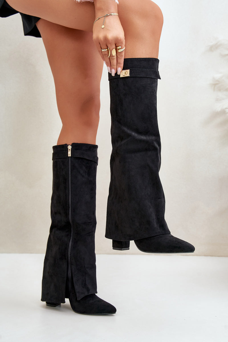 Amélie Bottes Hautes – Bottes en Suédine Noire avec Bout Pointu & Détails Élégants