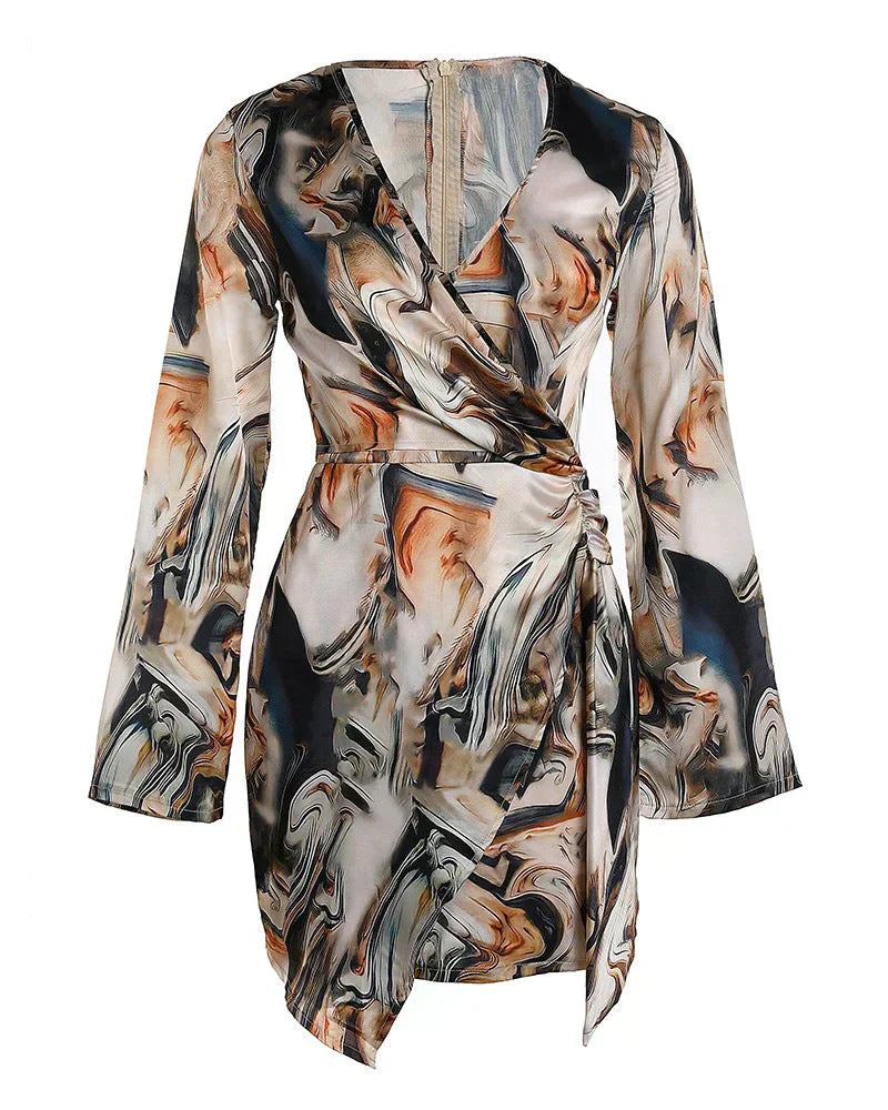 Jena Robe Portefeuille Femme – Imprimé Texte, Décolleté en V, Manches Longues Élégantes