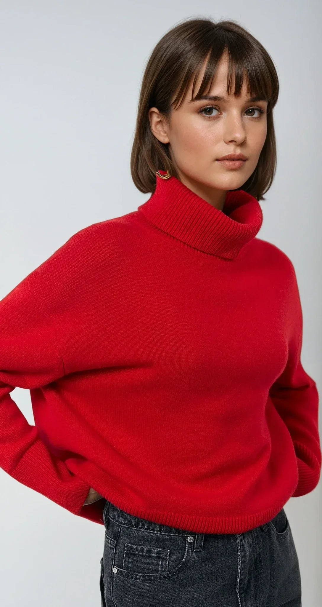 Katalina Pull Col Roulé Oversize Femme – Maille Douce, Rouge Intense & Style Moderne