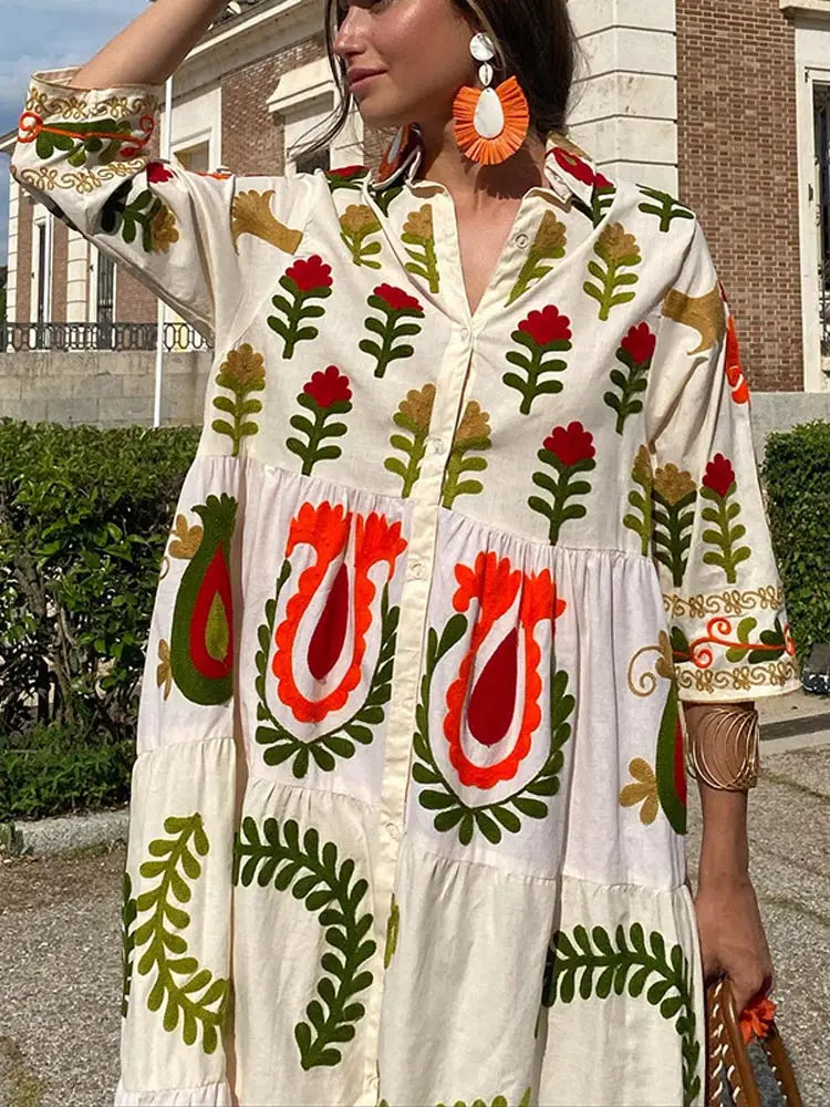 Celia Robe Maxi Femme – Longue Robe en Coton avec Broderies Bohèmes & Détails Colorés