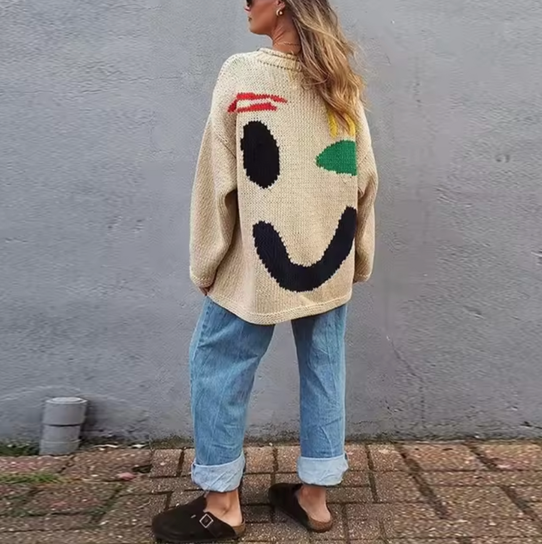 Fay Pull Femme Oversize Bohème – Sweat Doux en Coton avec Motif Sourire Tendance