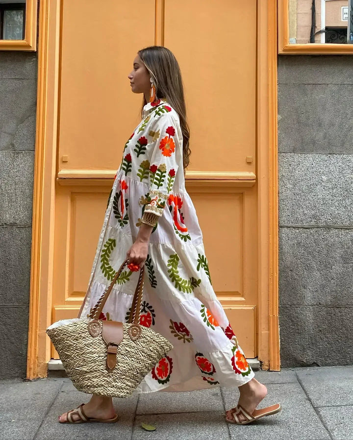Celia Robe Maxi Femme – Longue Robe en Coton avec Broderies Bohèmes & Détails Colorés