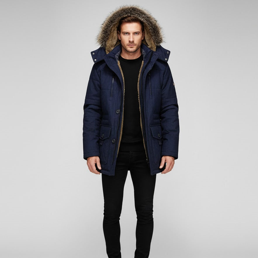 Jior Parka zimowa męska – ciepły płaszcz o luźnym kroju z kołnierzem z futra i stylem parki