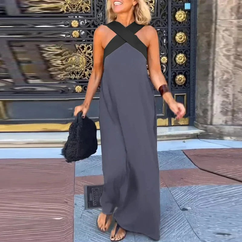 Sienna Robe Longue Femme – Élégante Robe d’Été à Bretelles Croisées & Coupe Décontractée