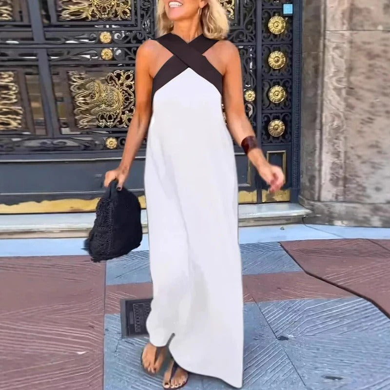 Sienna Robe Longue Femme – Élégante Robe d’Été à Bretelles Croisées & Coupe Décontractée