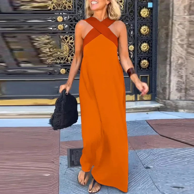 Sienna Robe Longue Femme – Élégante Robe d’Été à Bretelles Croisées & Coupe Décontractée
