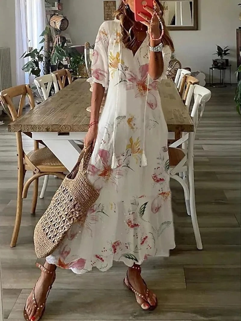 Robe Longue Femme Bettina – Robe Bohème d’Été avec Cordon à la Taille & Coupe Aérée