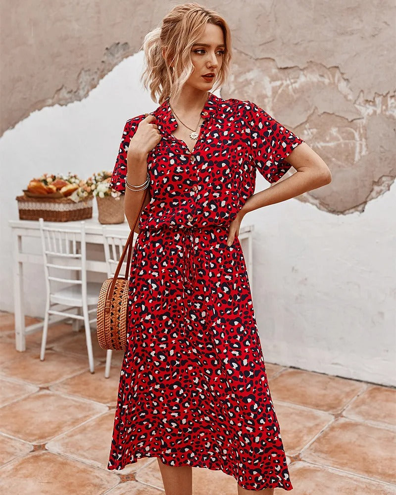 Vestido de verano para mujeres Ulvene: vestido midi con mangas cortas con cintura y cinturón de estampado de moda
