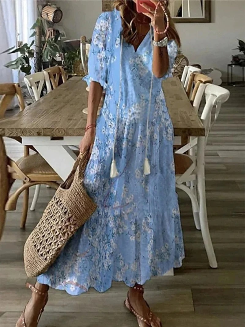 Robe Longue Femme Bettina – Robe Bohème d’Été avec Cordon à la Taille & Coupe Aérée