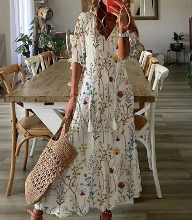 Robe Longue Femme Bettina – Robe Bohème d’Été avec Cordon à la Taille & Coupe Aérée