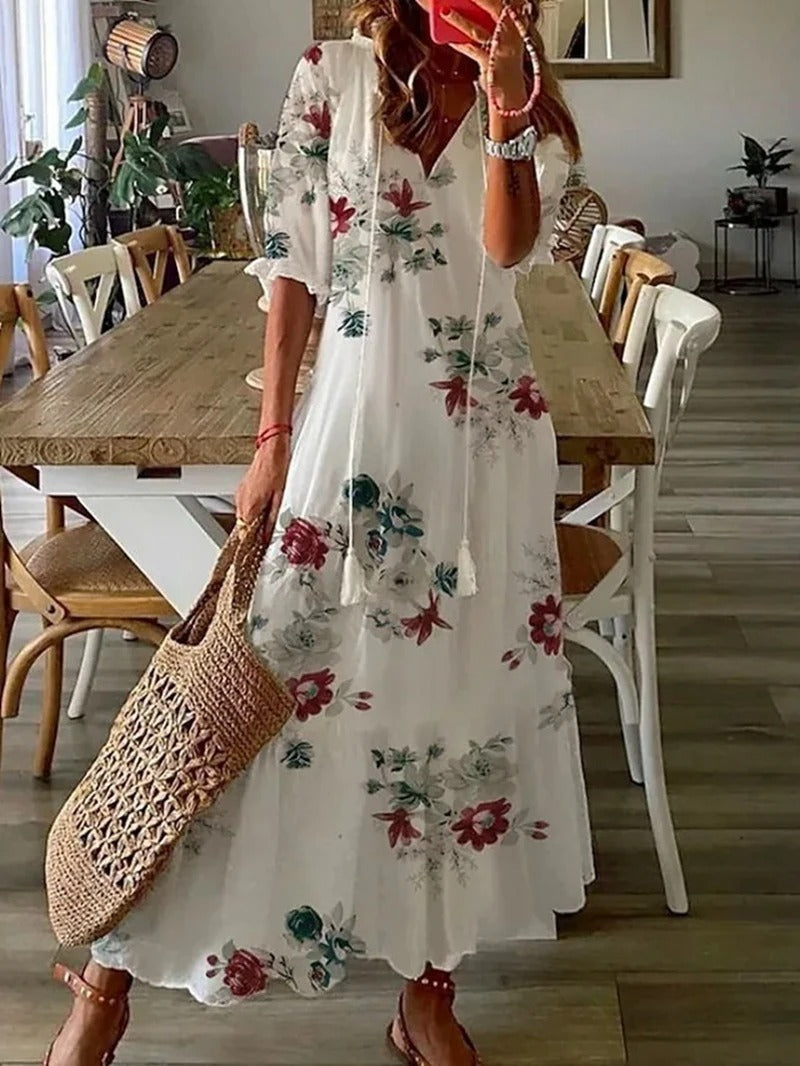 Robe Longue Femme Bettina – Robe Bohème d’Été avec Cordon à la Taille & Coupe Aérée