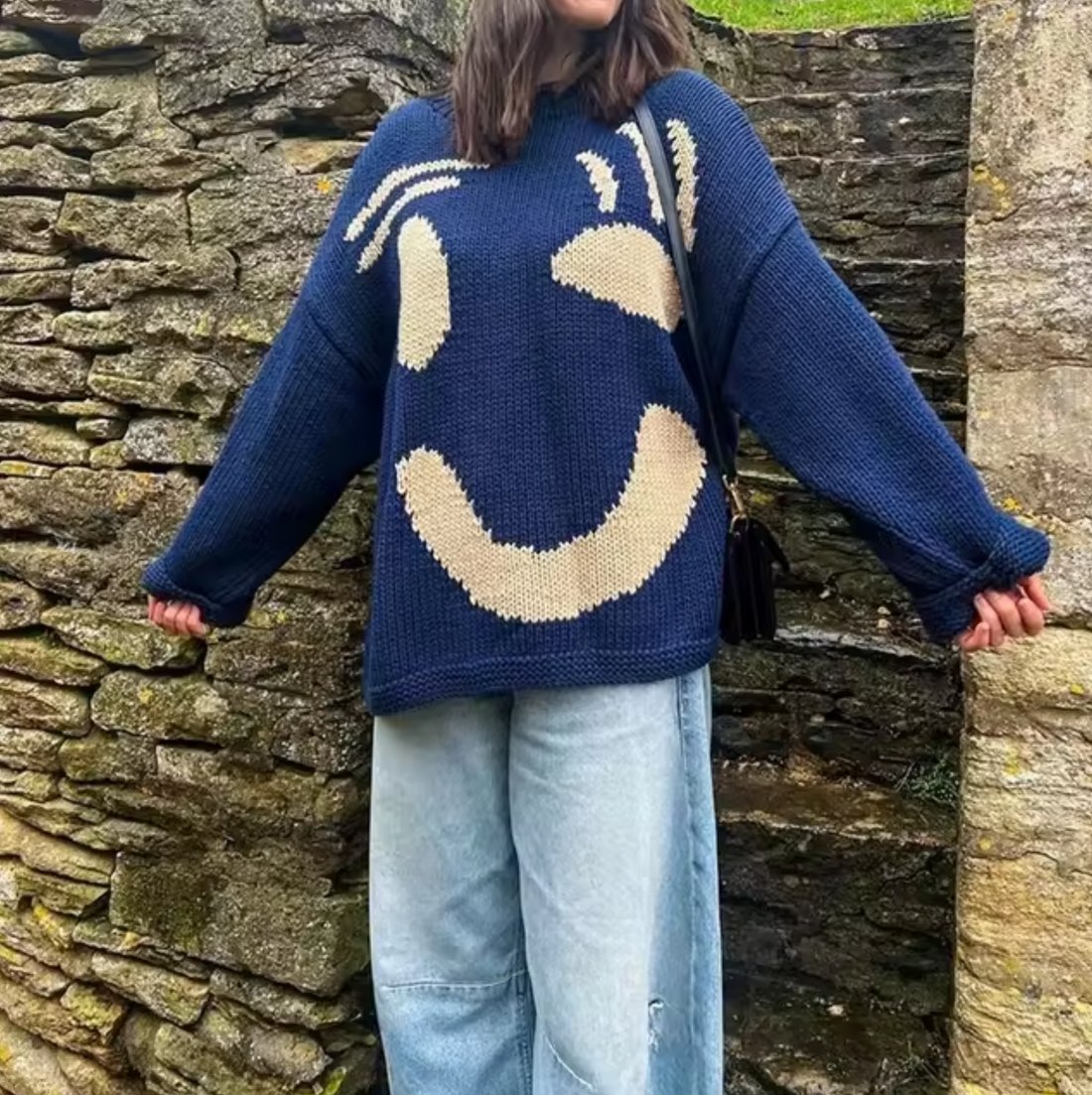 Fay Pull Femme Oversize Bohème – Sweat Doux en Coton avec Motif Sourire Tendance